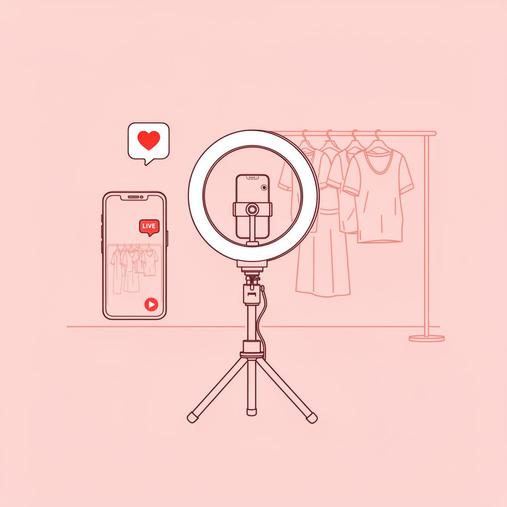 Estrutura de live shopping com celular em tripé e ring light